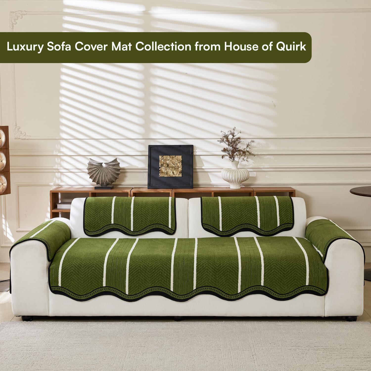 Loom Stripe Series Chenille Couch Cover Curved Edge Quilted Non-Slip Slipcover (Green)