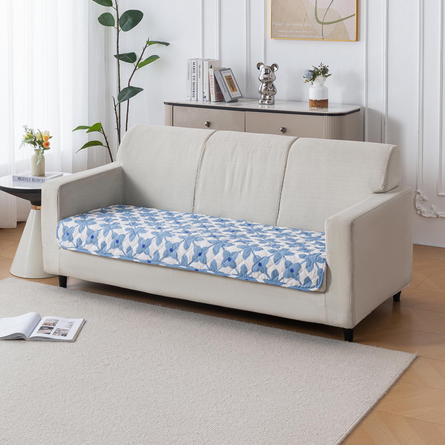 Printed Quilted Sofa Cover for 1/2/3/4 Seater Anti-Slip- Indigo Motif