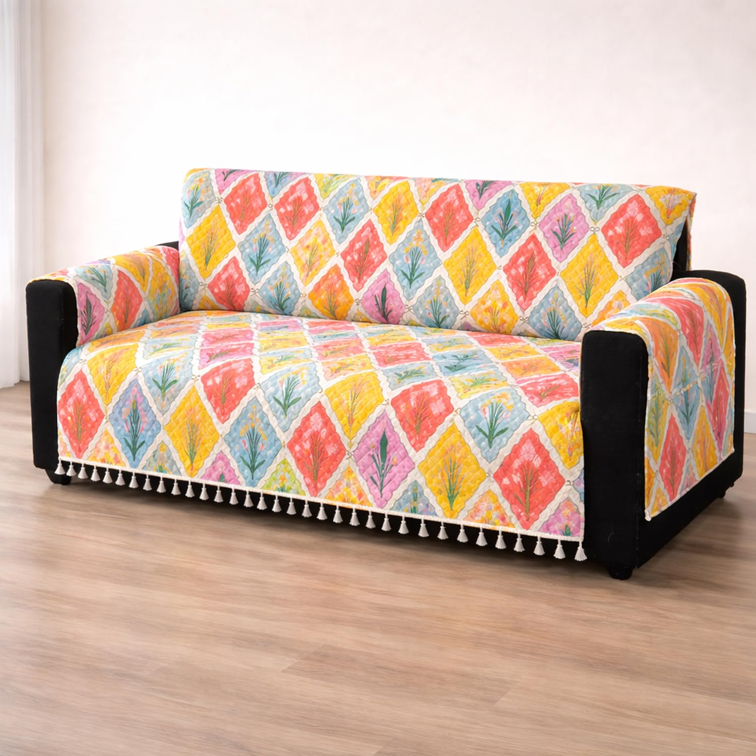 IKATRA Series Quilted Printed Sofa Cover for Indian Sofa Set with Side Pocket (Spring Blossom)