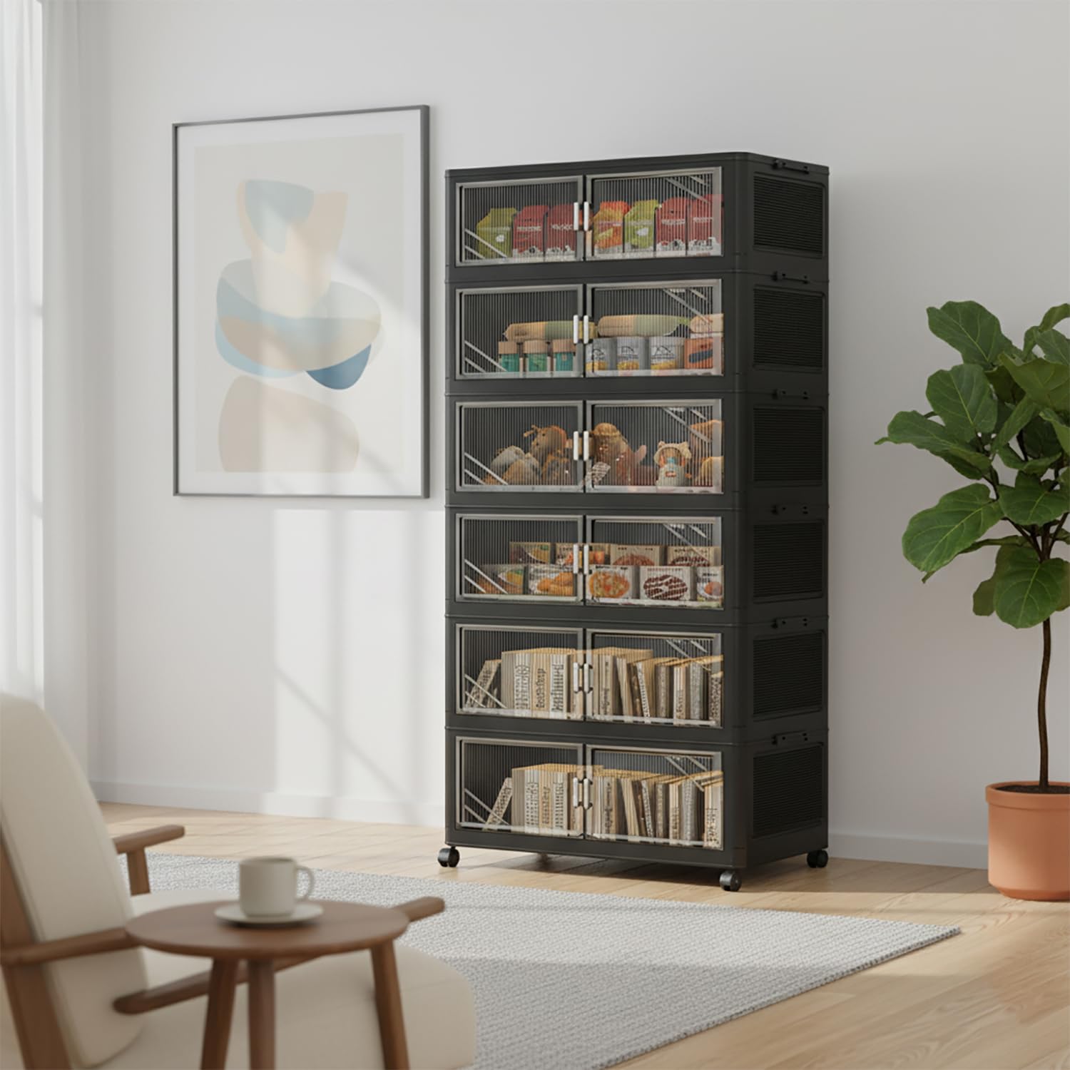 Foldable Storage Box with Wheels & Transparent Windows (Black, 62cm)