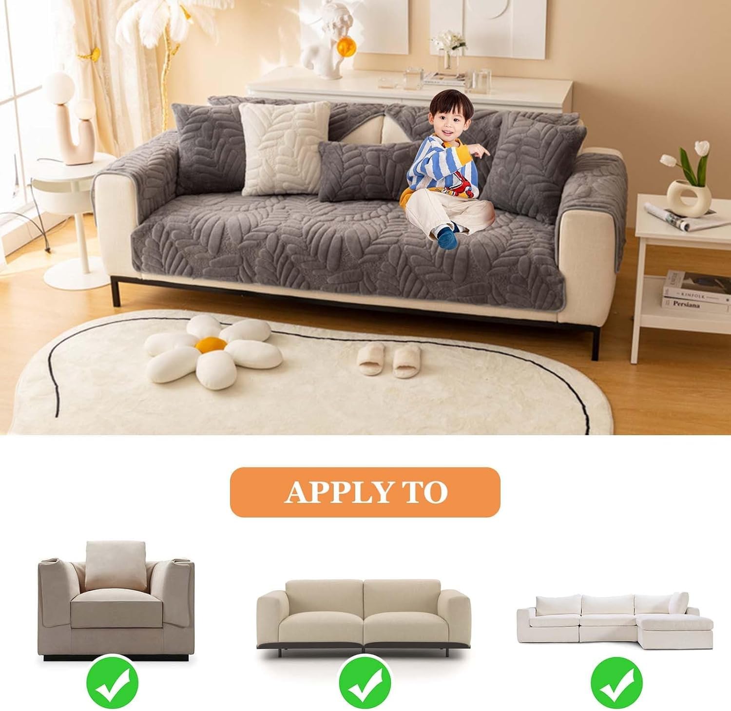 Sofa Cover Mat Leaf Coral Fleece Chenille Fabric Seater Sofa (Charcoal)