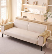 Velvet Palm Leaves Pattern Quilted Sofa Cover Set – 3-Piece Set (2 Armrest Covers 50x70cm + 1 Seat Cover) Beige