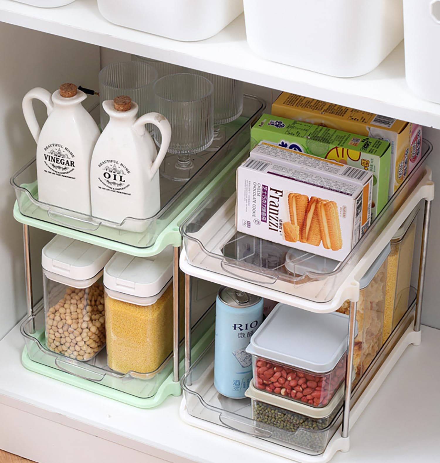 2-Tier Under-Sink Sliding Storage Shelf – Cream Transparent