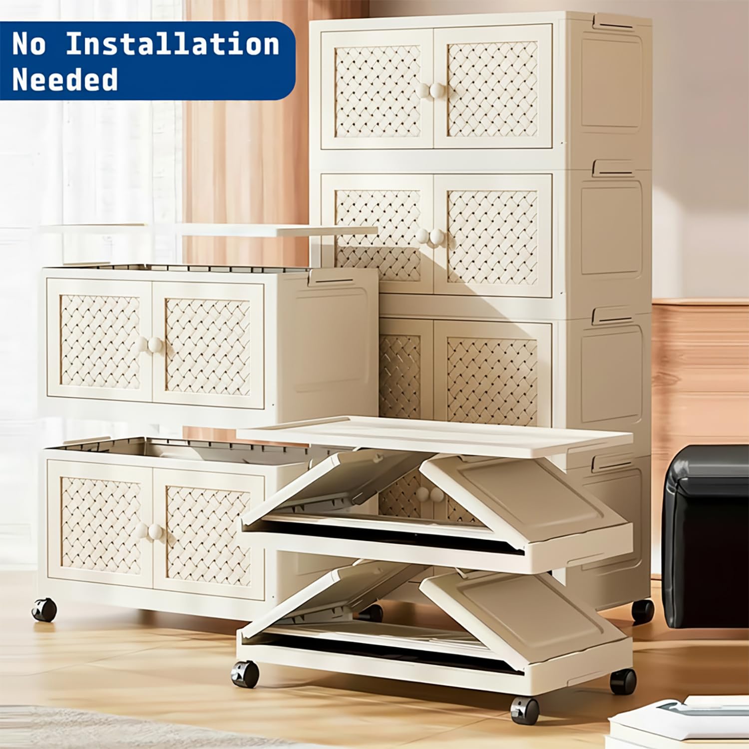 Rattan Design Foldable Storage Box with Wheels (White)