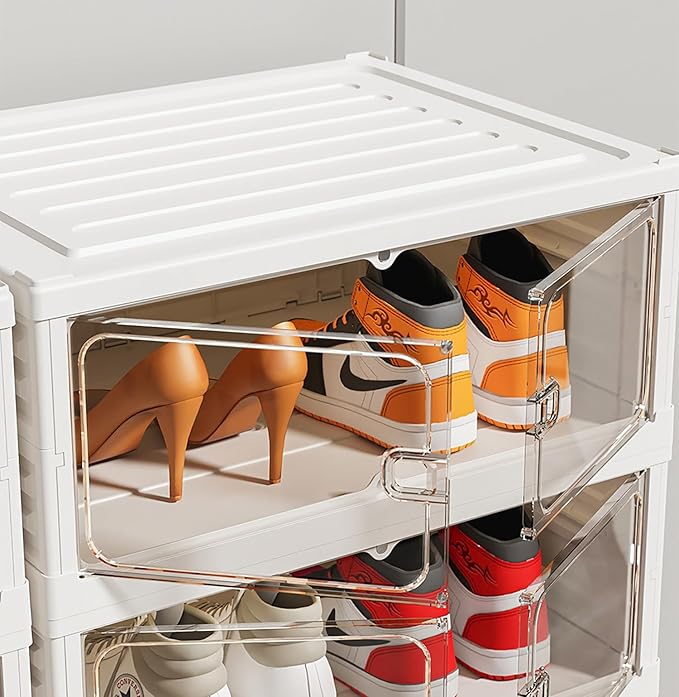 6 Layer Plastic Storage Bins with Lids - Shoe Storage box (Cream)