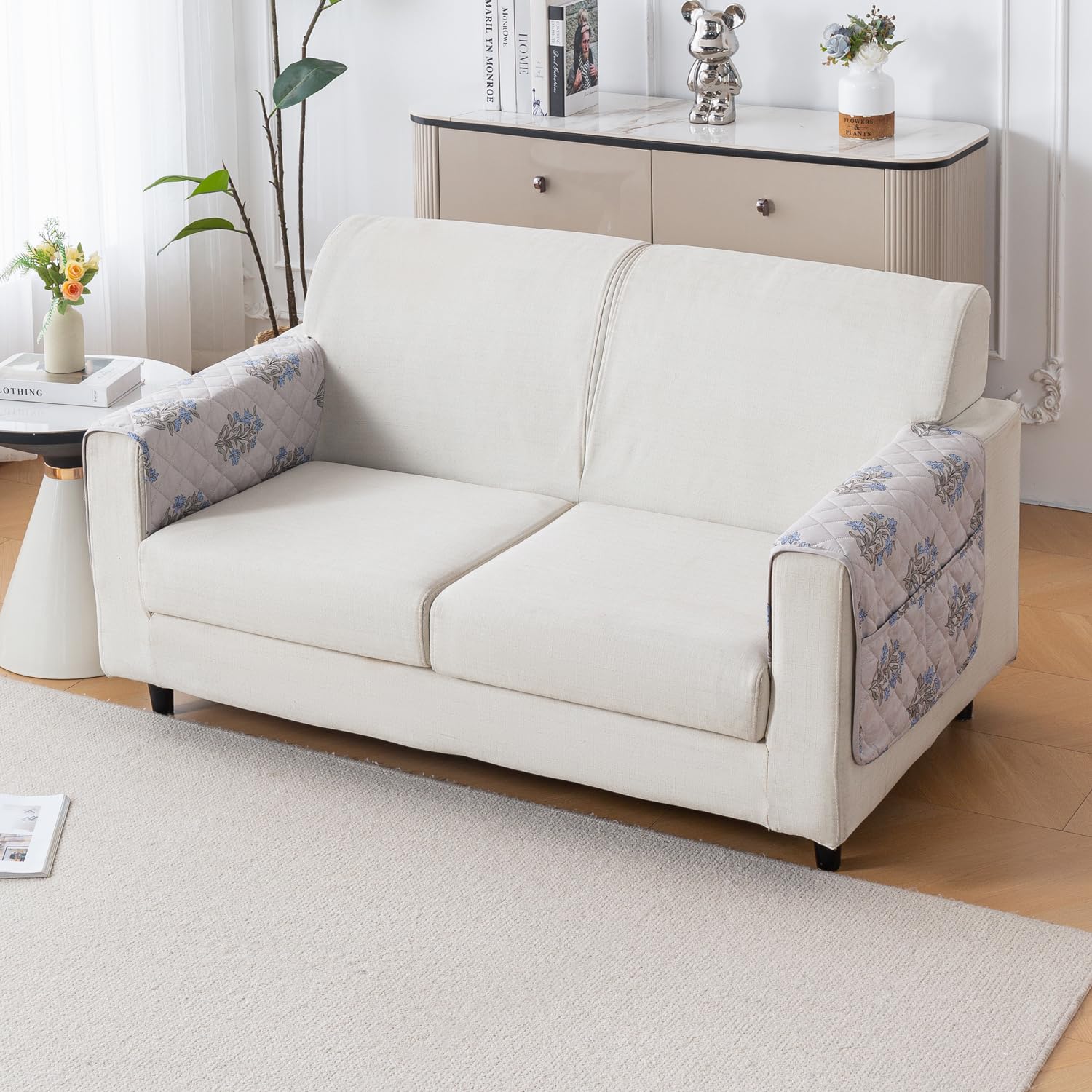 Printed Quilted Sofa Cover for 1/2/3/4 Seater Anti-Slip- Beige Wildflower
