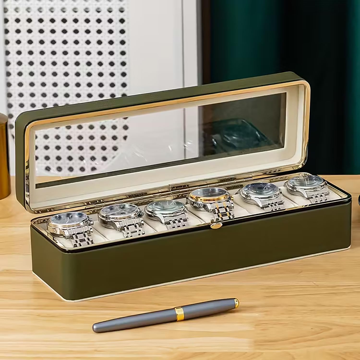 6-Slot Watch Box Organizer with Glass Lid, Removable Watch Pillows, Synthetic Leather Watch