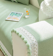 Chenille Fabric with Ball Tassels Sofa Cover Set – 3 Pcs Set (2pc Armrest Covers 50x70cm + 1pc Seat Cover) Green