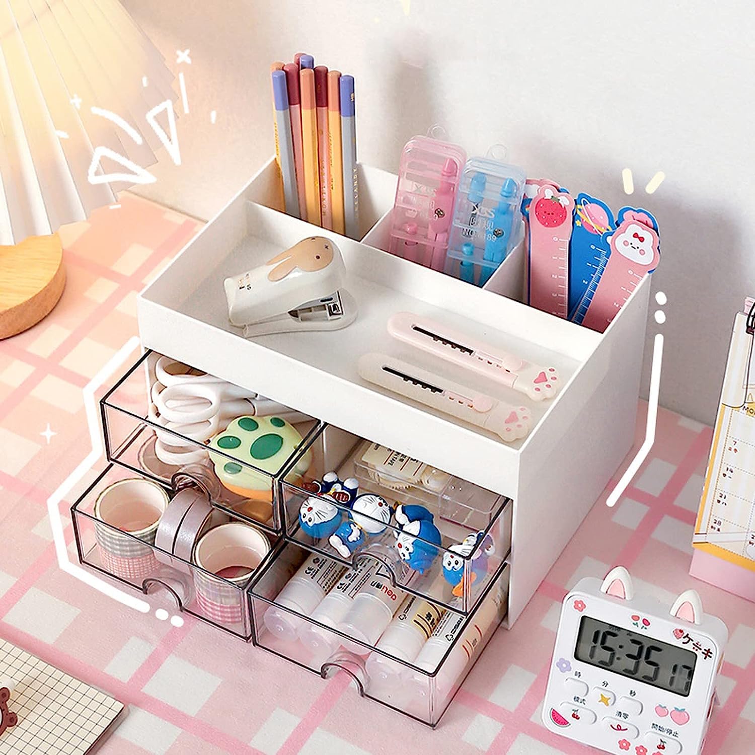 Desk Organiser with Drawer, Multifunctional 4 Plastic Compartments-White