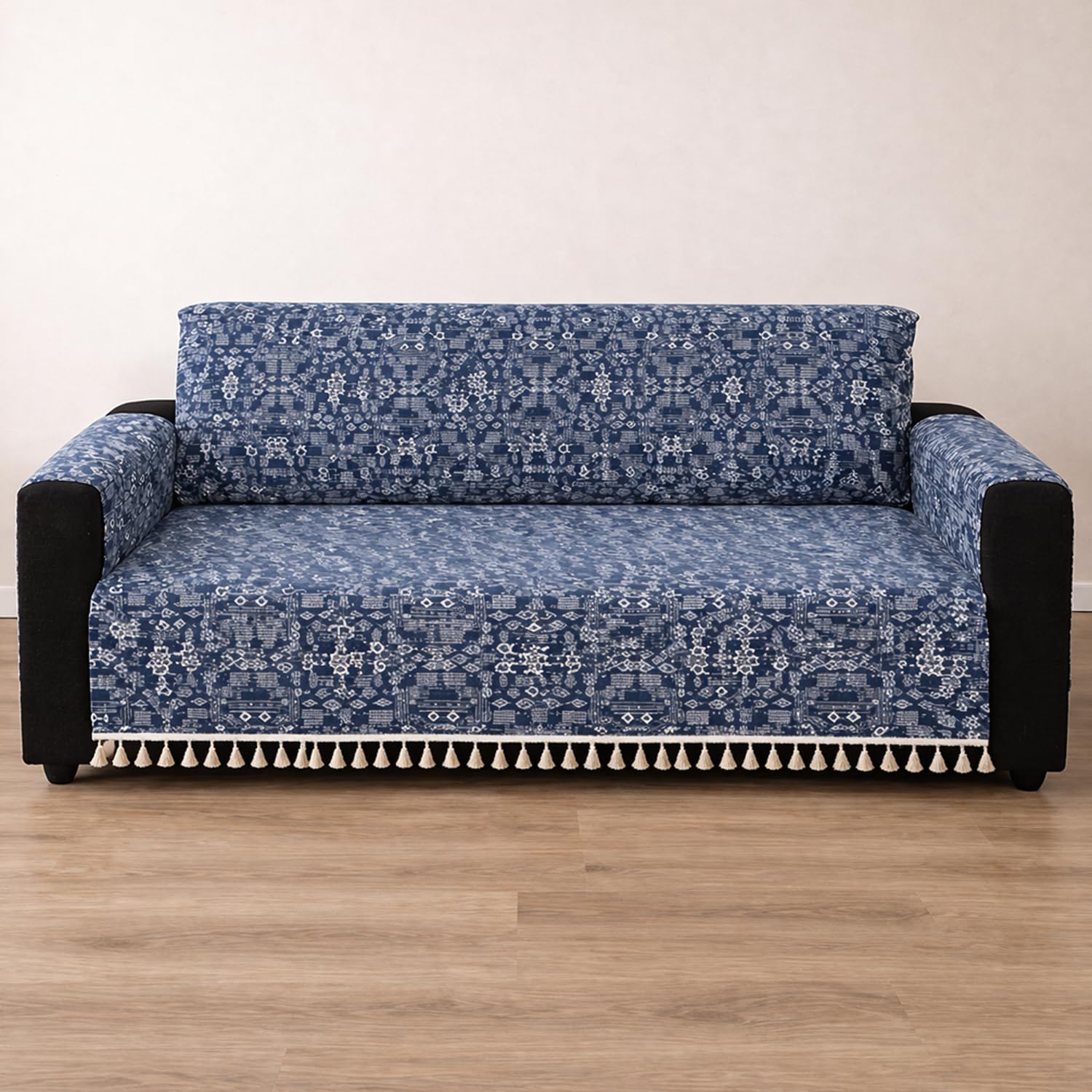 IKATRA Series Quilted Printed Sofa Cover for Indian Sofa Set with Side Pocket (Blue Bohemian)