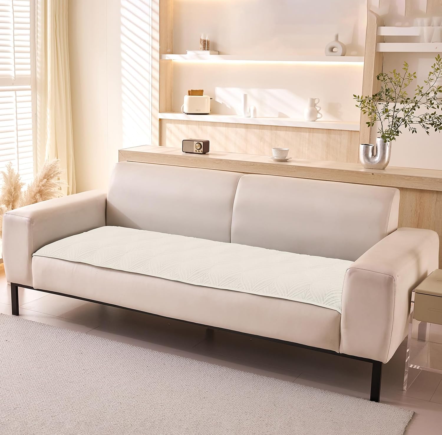 Velvet Palm Leaves Pattern Quilted Sofa Cover Set – 3-Piece Set (2 Armrest Covers 50x70cm + 1 Seat Cover) Cream