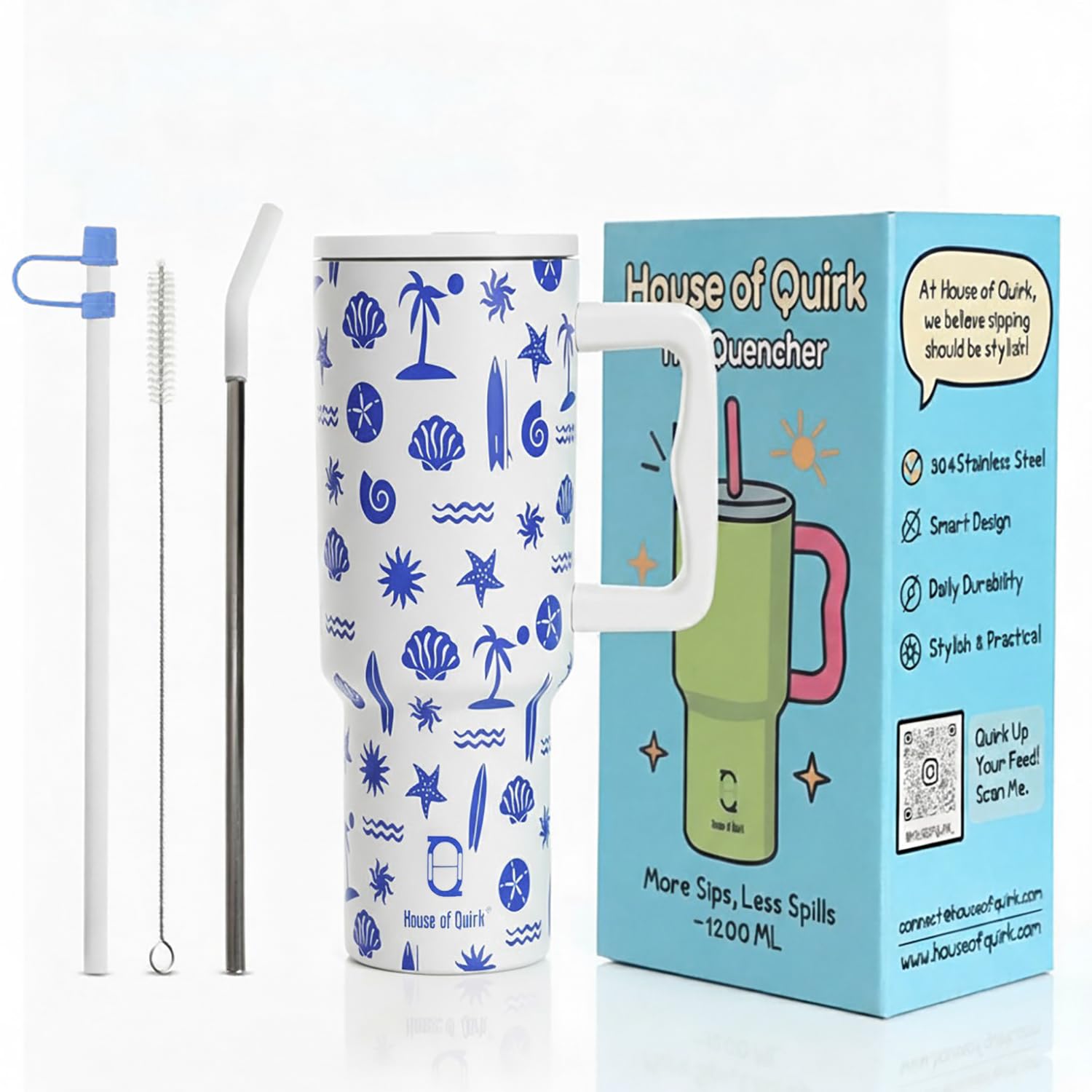1200ML Insulated Stainless Steel Tumbler with Lid, Handle & Straws - (1200 ML)