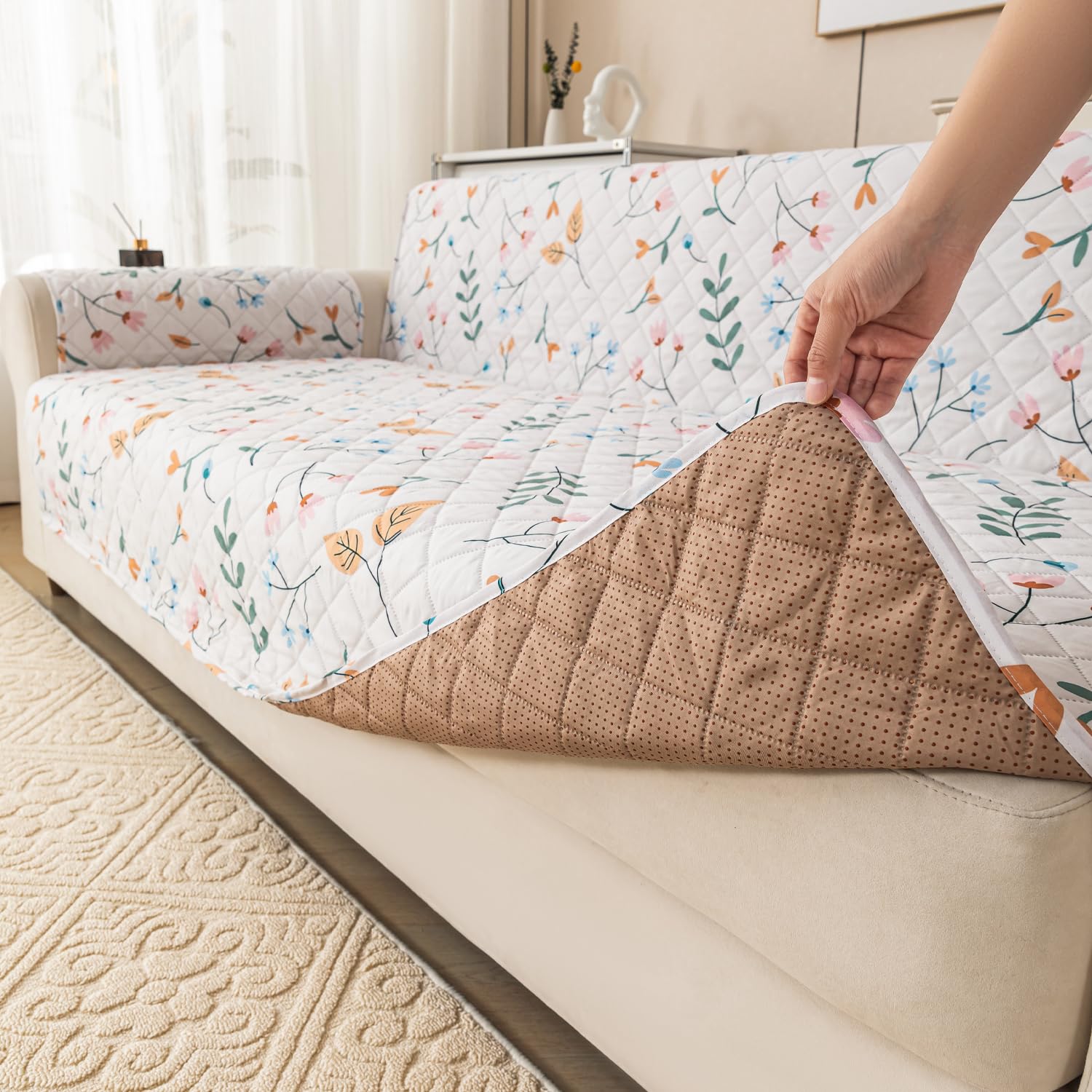 Gulnaar Series Anti-Slip Sofa Cover Mat with Pocket – Polyester Couch Protector(Blush Meadow)