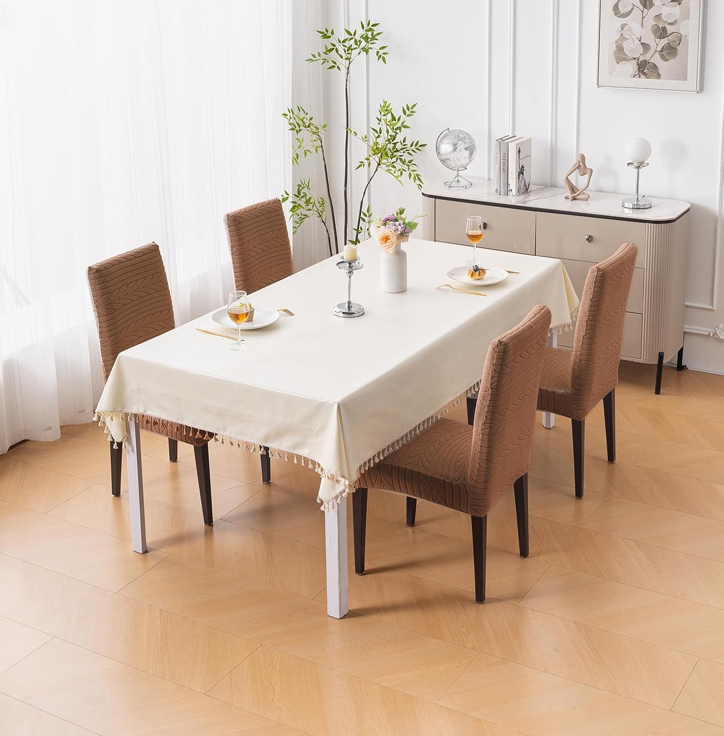 Flexible Stretch Dining Chair Cover 220 GSM Jacquard Fabric Universal Fit (Brown)