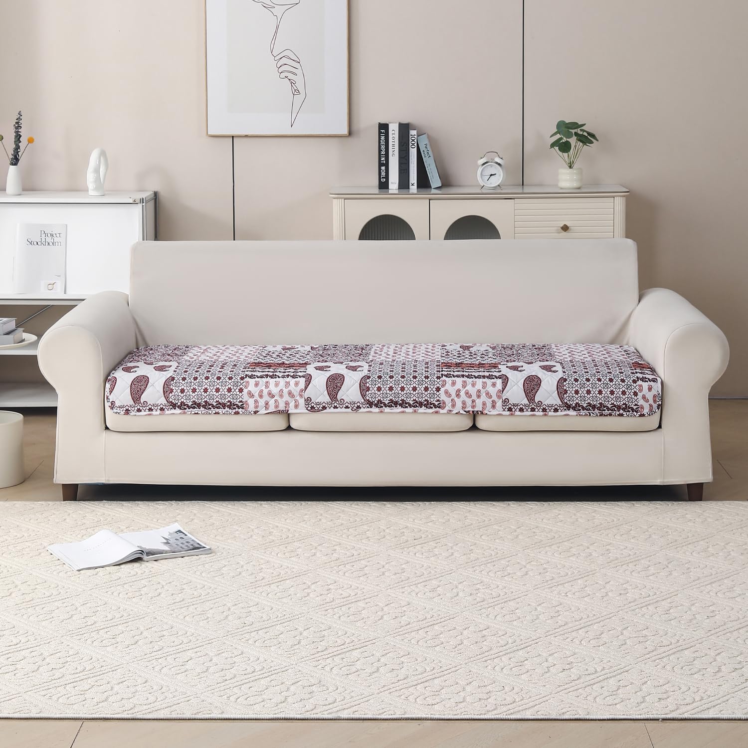 'Aura Petal Series' Quilted Sofa Mat Printed – Anti Slip (Boho Brown)