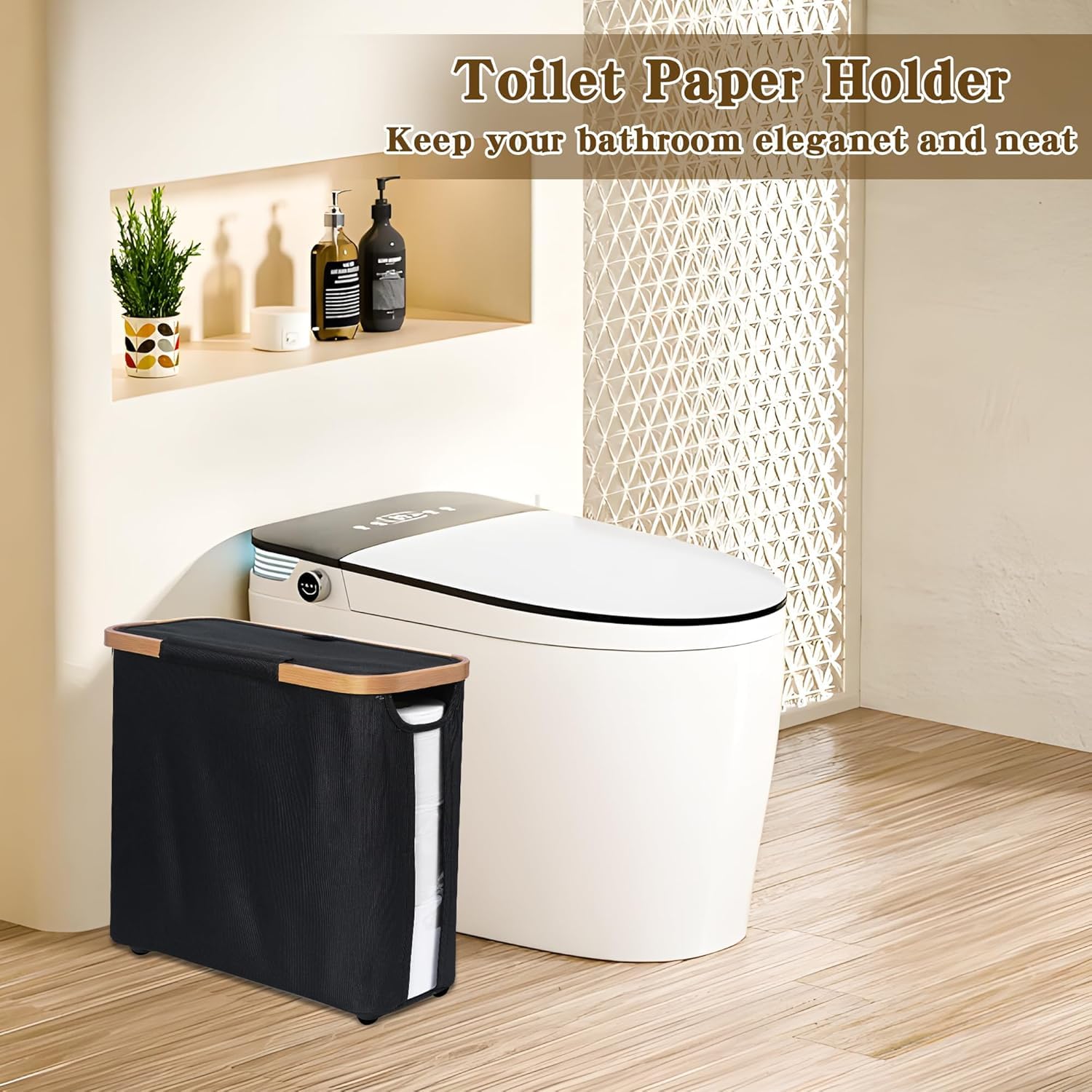 Toilet Paper Storage Basket with Lid Free-Standing Bathroom Organizer (Black)