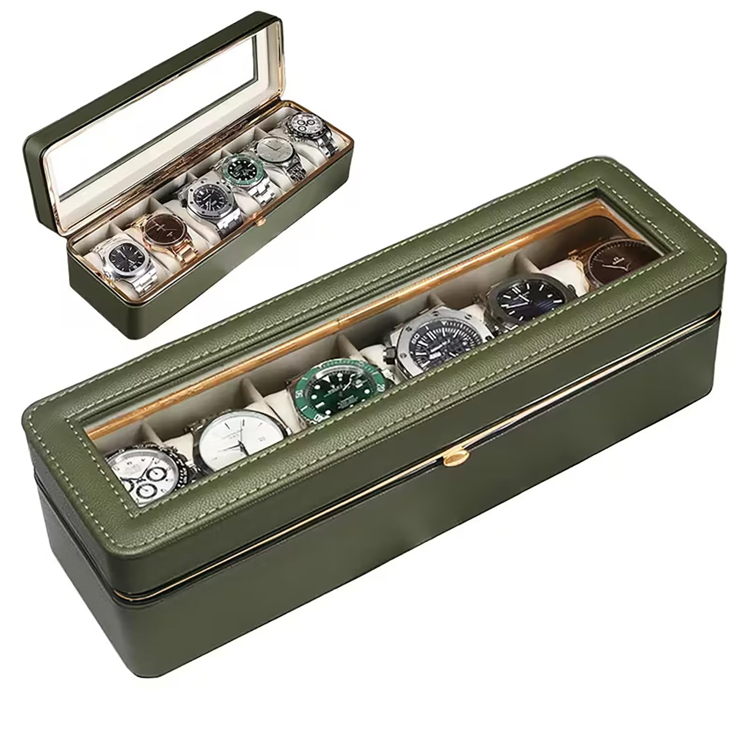 6-Slot Watch Box Organizer with Glass Lid, Removable Watch Pillows, Synthetic Leather Watch