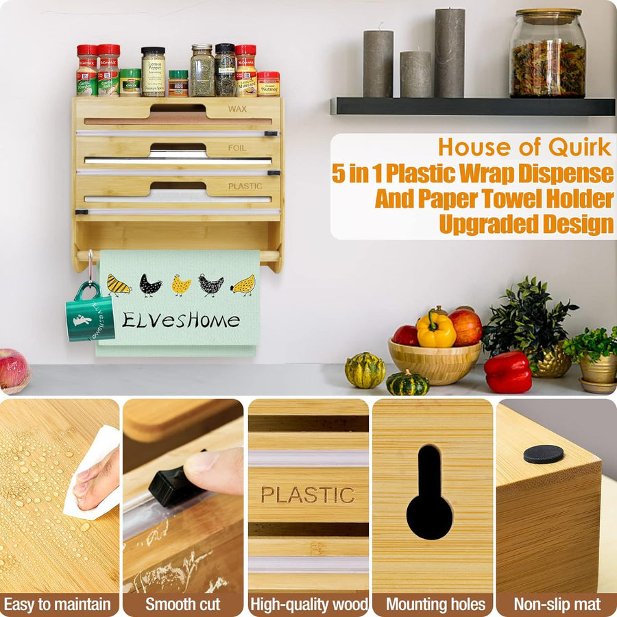 Foil and Plastic Wrap Organizer, Wall Mount, 5 in 1 Plastic Wrap Food Dispenser with Cutter