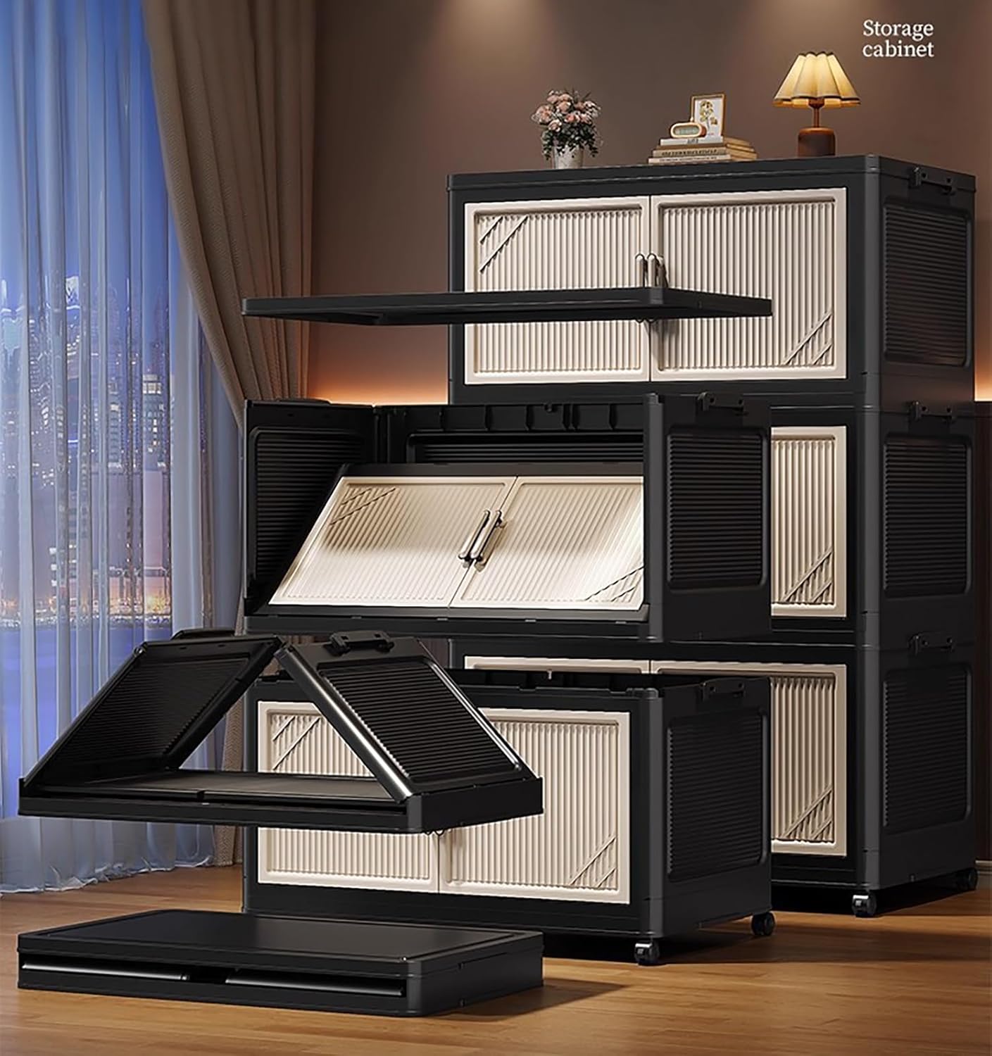 Multi-Tier Foldable Storage Box with Wheels (Black/Beige)