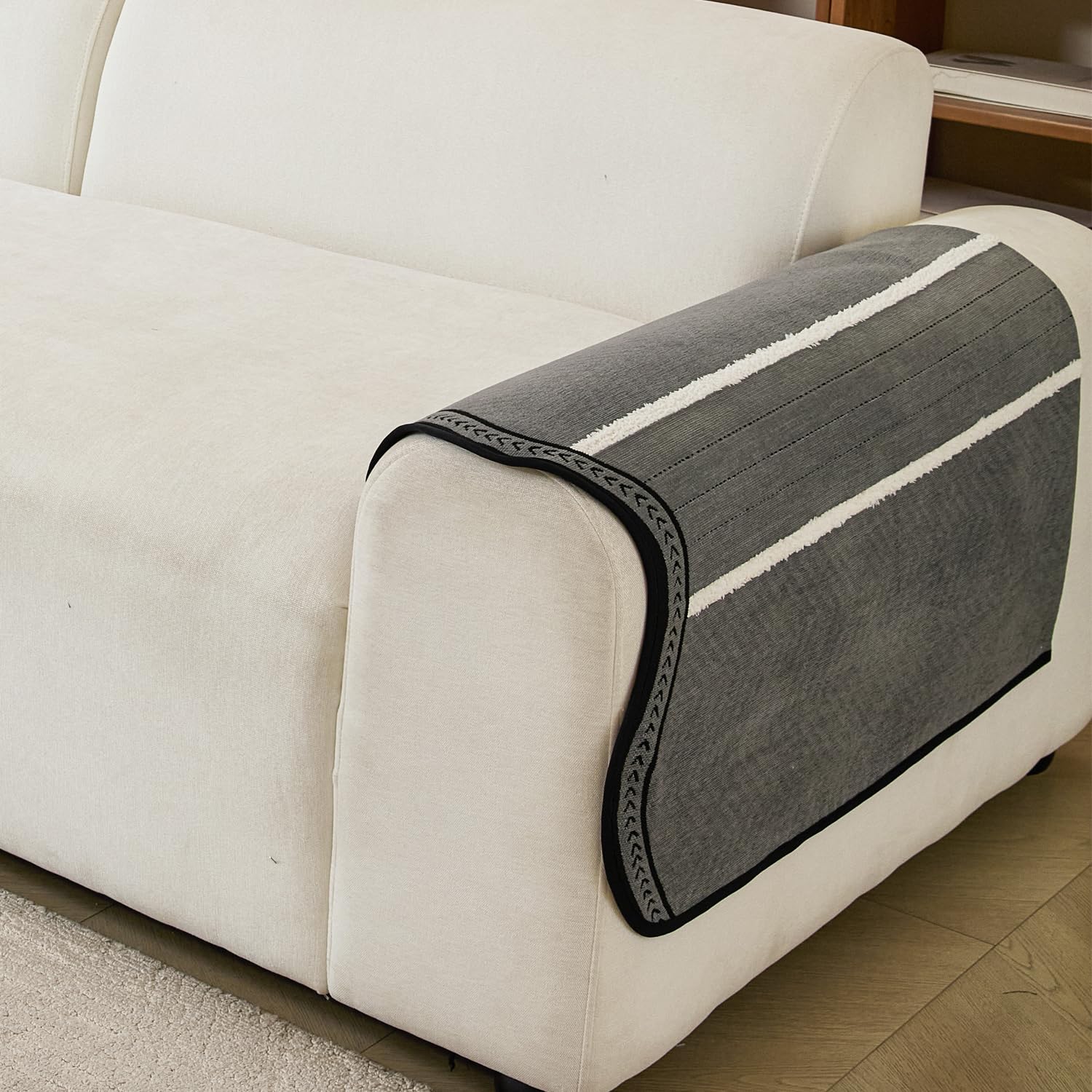 Loom Stripe Series Chenille Couch Cover Curved Edge Quilted Non-Slip Sofa Cover (Grey)