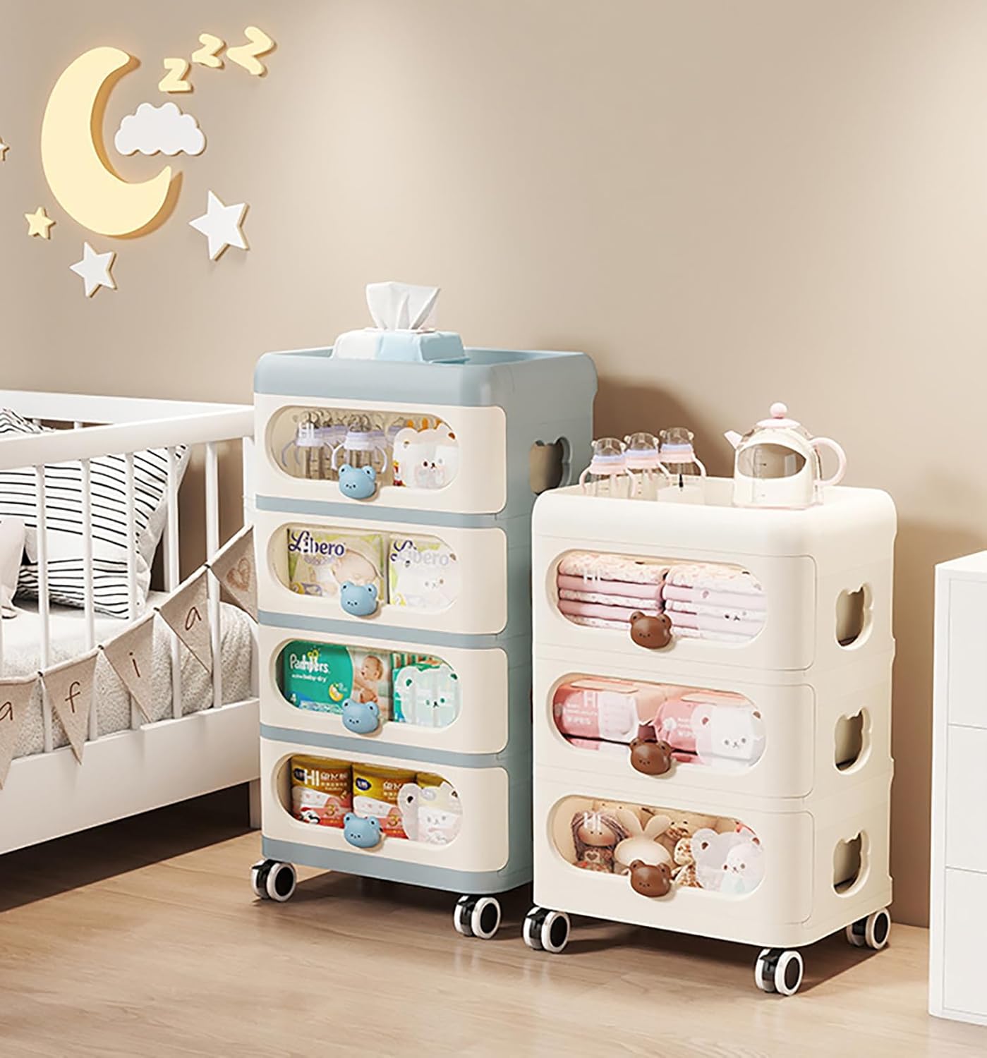 4-Tier Baby Dresser Storage Trolley Plastic Rolling Cart with Drawers