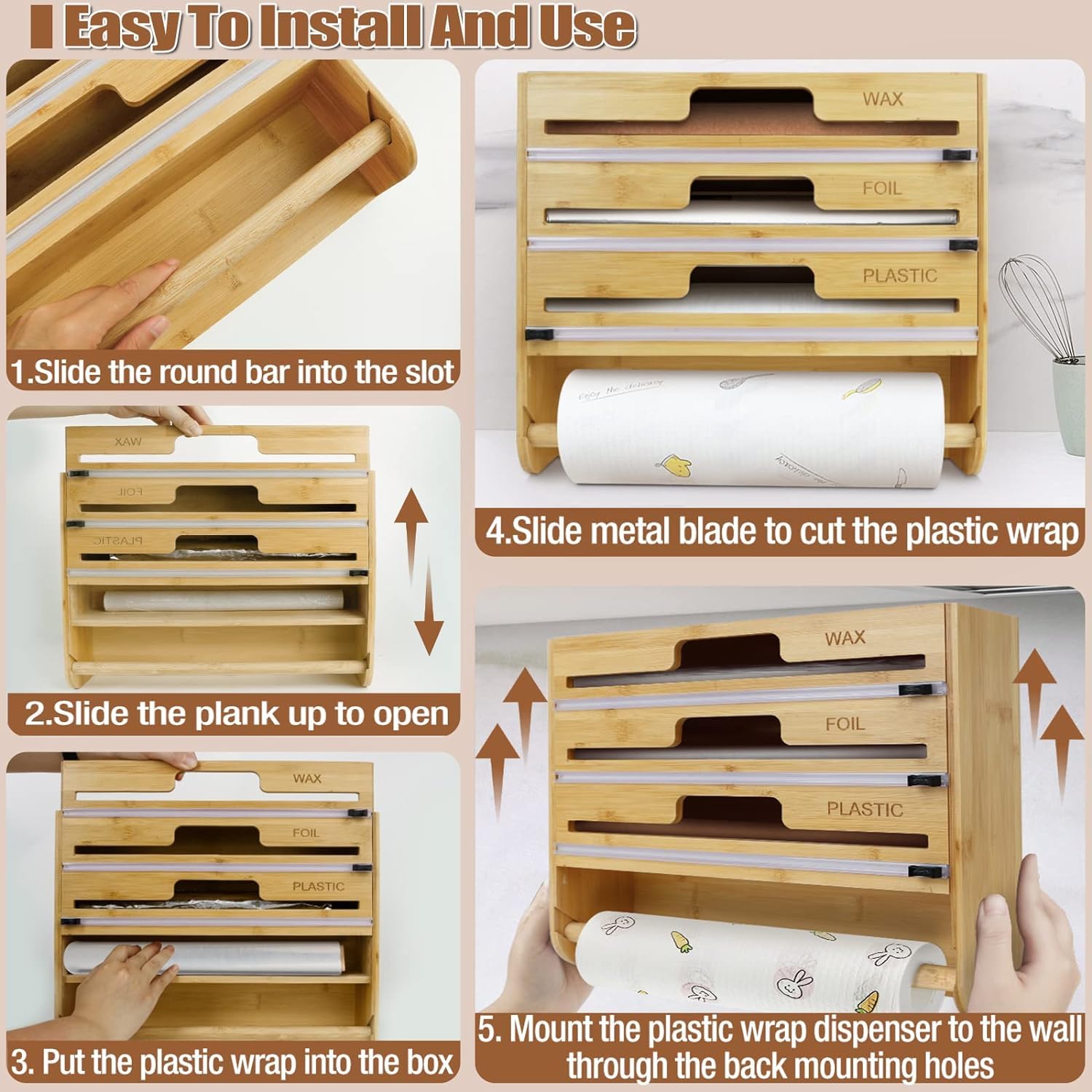 Foil and Plastic Wrap Organizer, Wall Mount, 5 in 1 Plastic Wrap Food Dispenser with Cutter