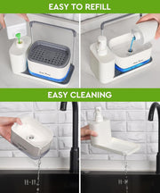 5-in-1 Kitchen Soap Dispenser Set with Sponge Holder & Tray – Sink Organizer for Dish & Hand Soap (White)