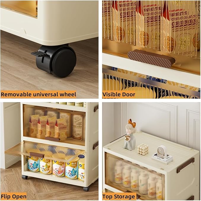 Flip Storage Box Organizer with Wheels and Doors (5 Layer 48 cm, Beige)