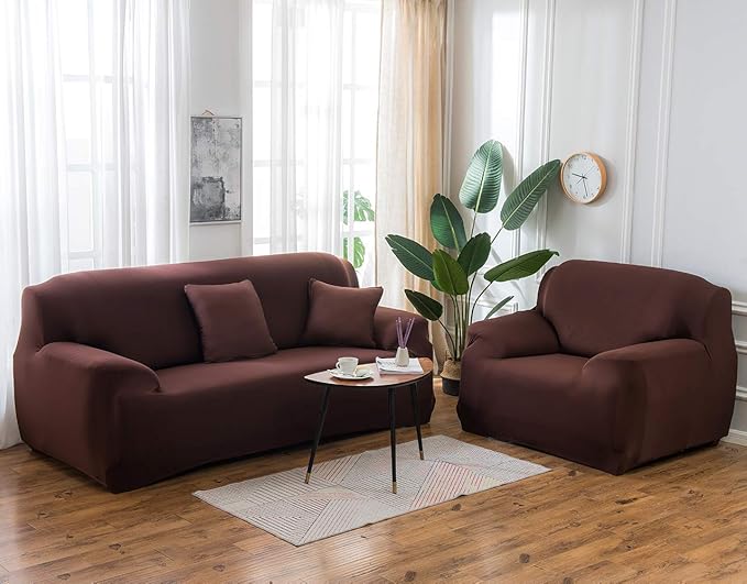 Polyester Spandex Plain Sofa Cover (Brown)