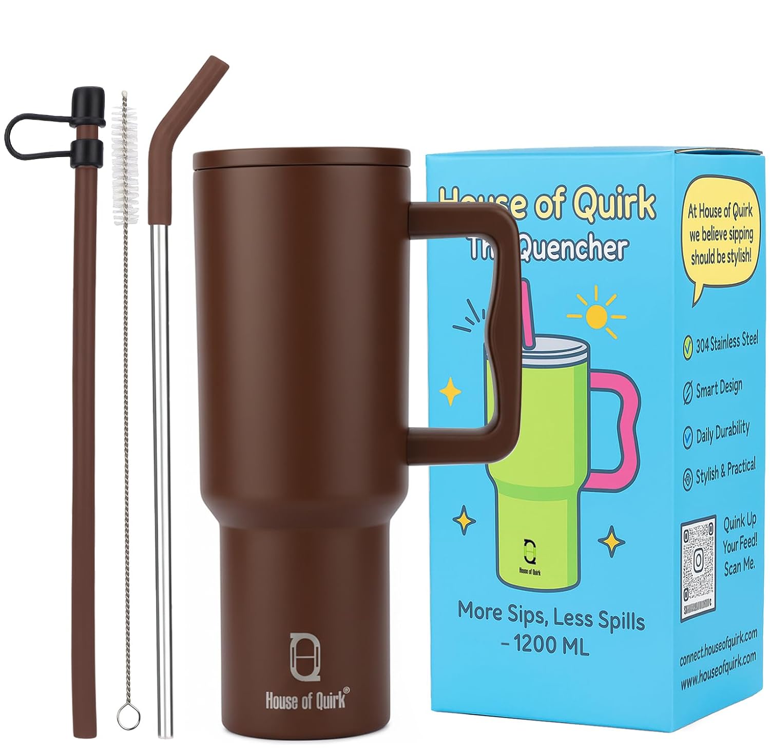 1200ML Insulated Stainless Steel Tumbler with Lid, Handle & Straws - (1200 ML)