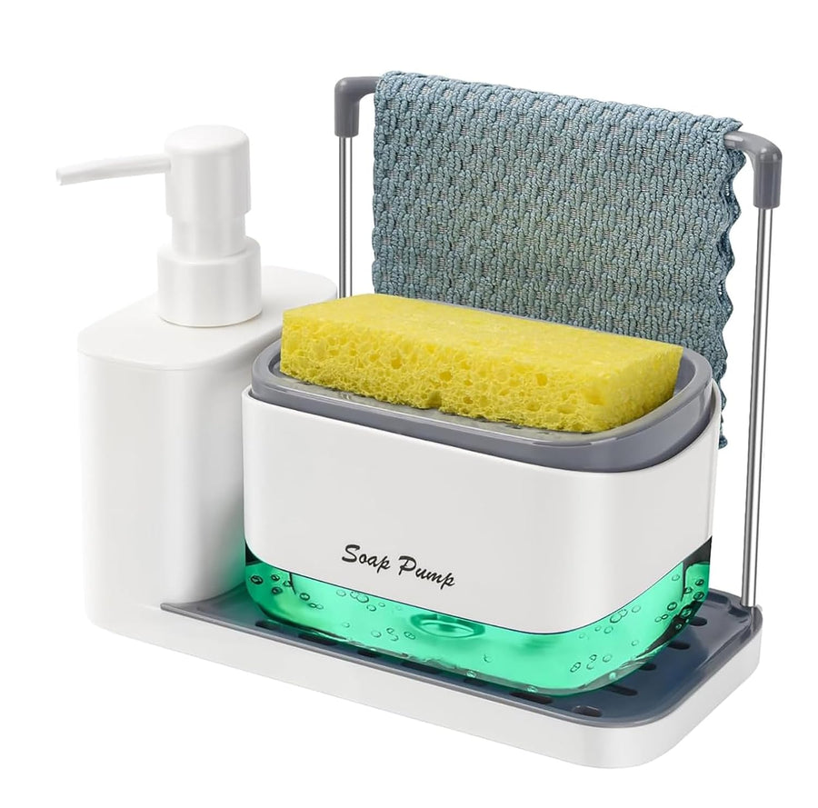 5-in-1 Kitchen Soap Dispenser Set with Sponge Holder & Tray – Sink Organizer for Dish & Hand Soap (White)