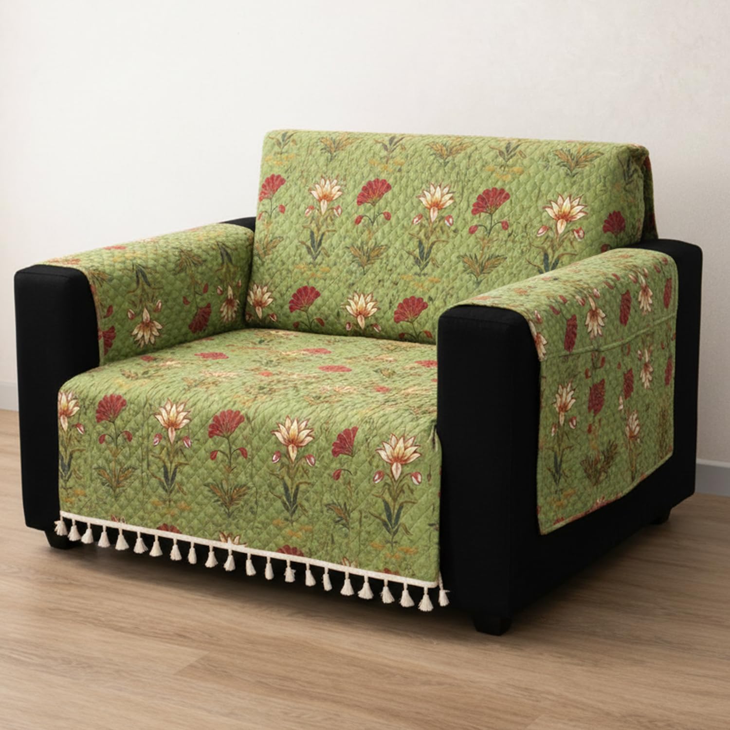IKATRA Series Quilted Printed Sofa Cover for Indian Sofa Set with Side Pocket (Green Lotus)