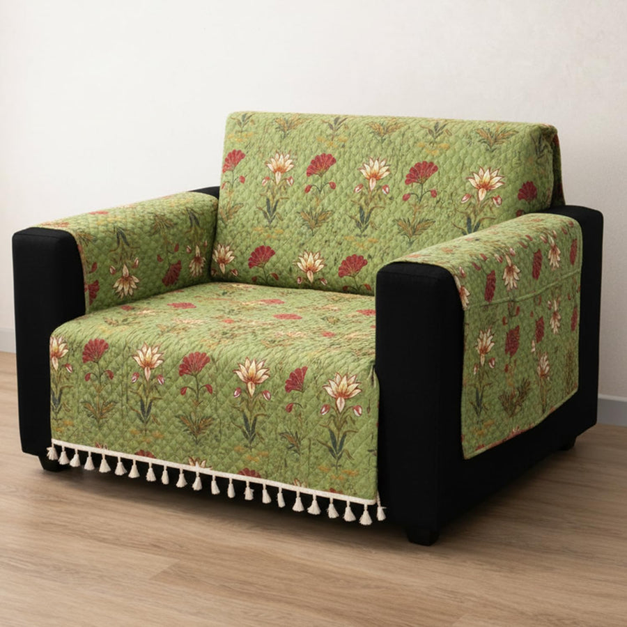 IKATRA Series Quilted Printed Sofa Cover for Indian Sofa Set with Side Pocket (Green Lotus)