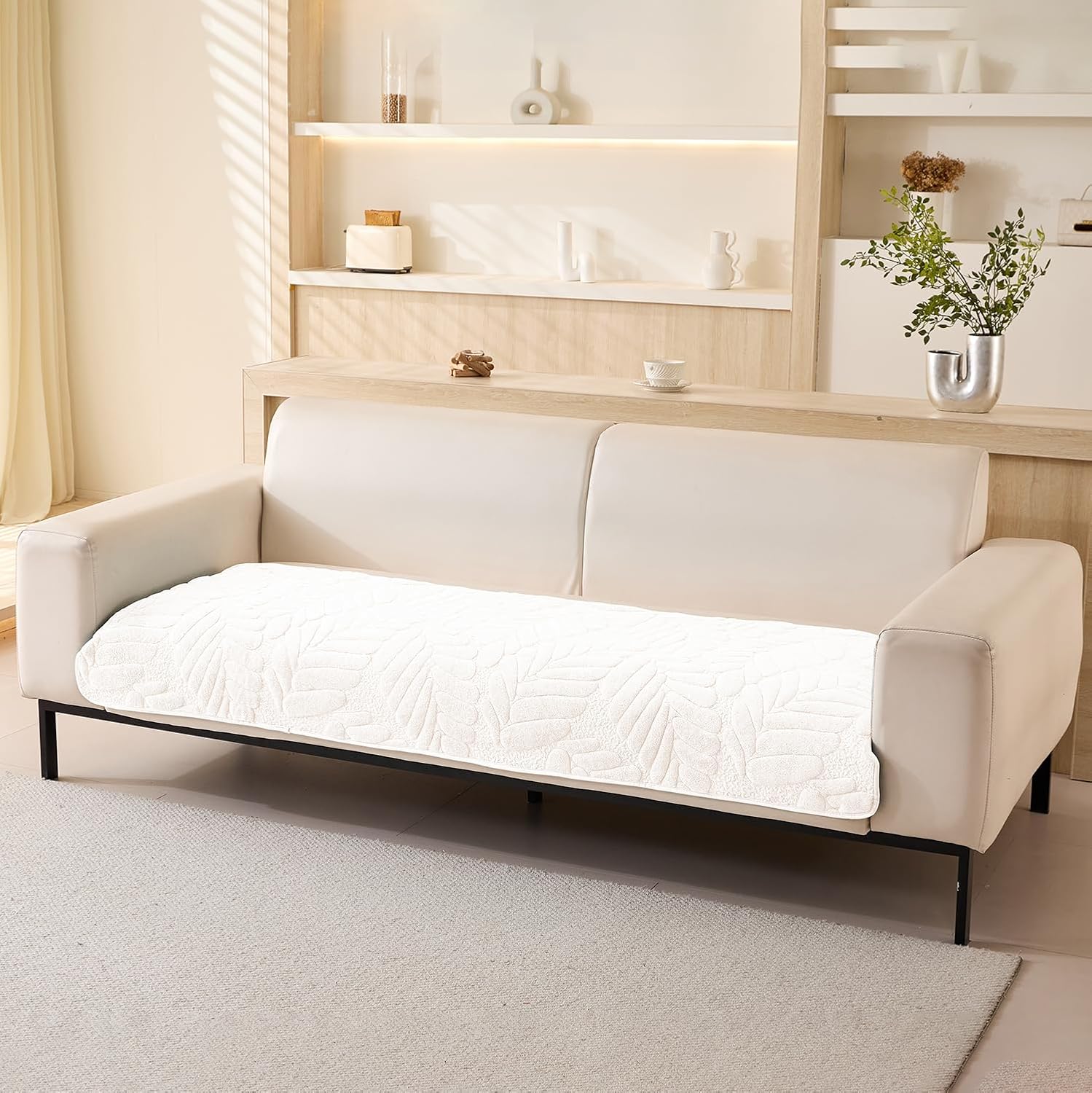 Sofa Cover Mat Leaf Coral Fleece Chenille Fabric Seater Sofa ( Cream)