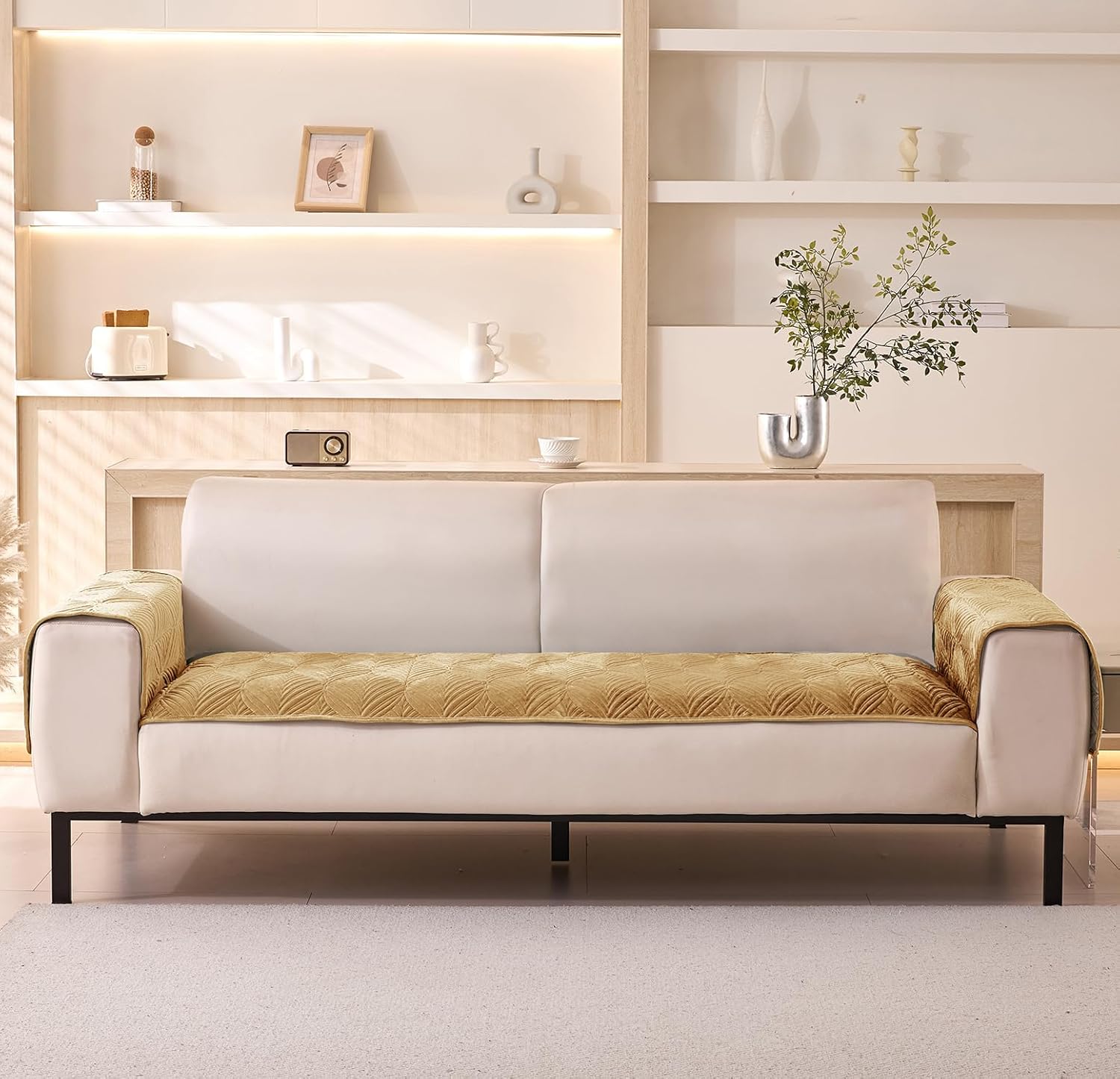 Velvet Palm Leaves Pattern Quilted Sofa Cover Set – 3-Piece Set (2 Armrest Covers 50x70cm + 1 Seat Cover) Beige