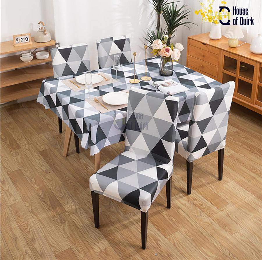 Dining Chair Cover With Table Covers (Black Triangle, 1 Table Cover + 6 Chair Cover)