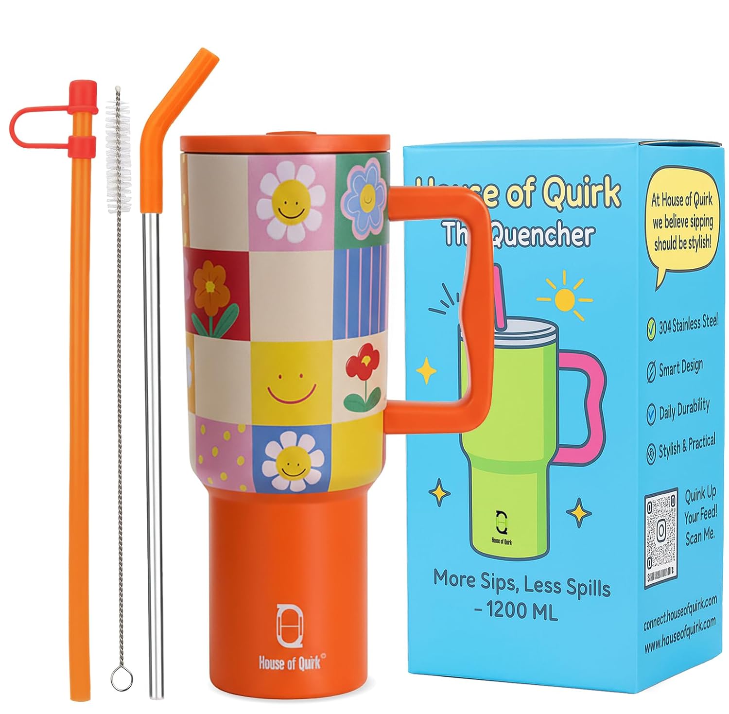 1200ML Insulated Stainless Steel Tumbler with Lid, Handle & Straws - (1200 ML)