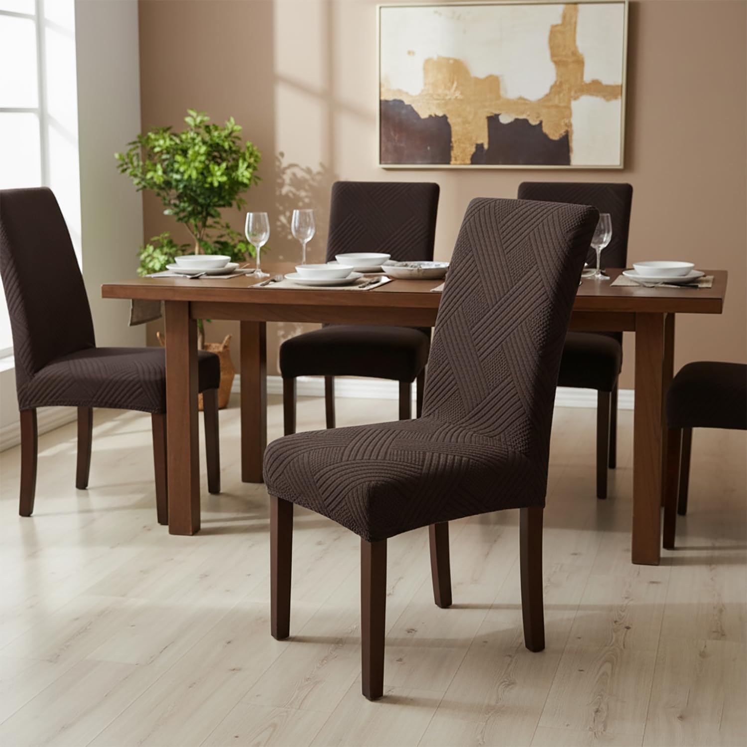 Universal Fit Elegant Jacquard Chair Cover – 220 GSM Stretch Fabric (Brown)
