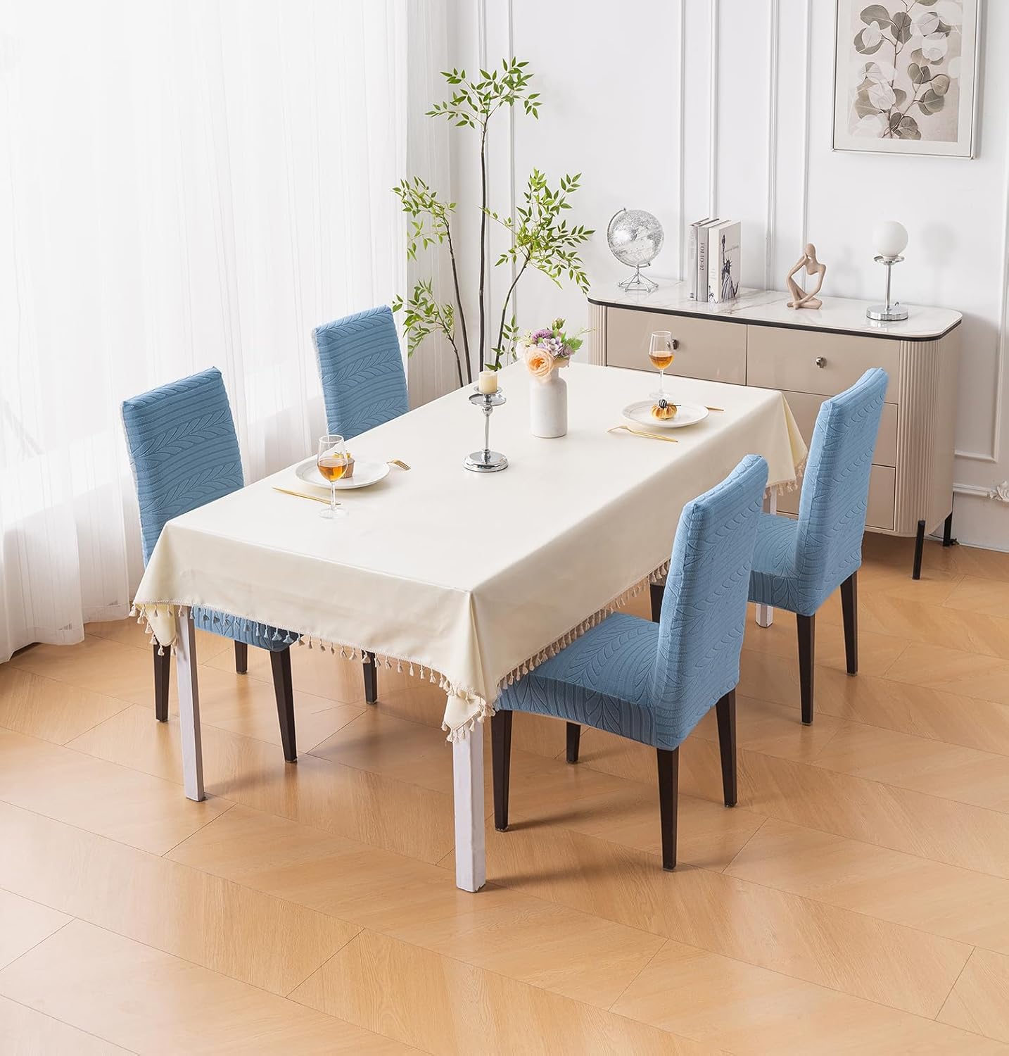 Flexible Stretch Dining Chair Cover 220 GSM Jacquard Fabric Universal Fit (Light Blue)