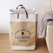 Large Laundry Basket Bag, Drawstring Storage - Beige/White