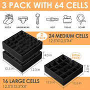 Pack of 3 Closet Socks Organizer Drawer Divider 16 + 24 Cell Collapsible Closet