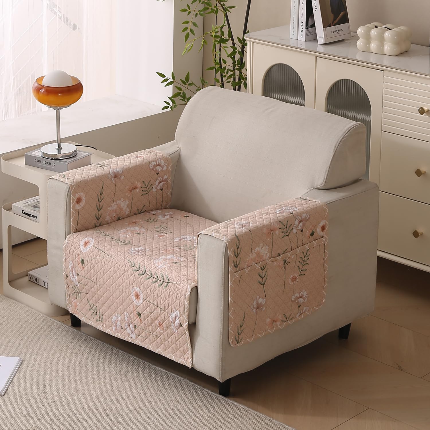Reversible Printed Quilted Sofa Cover Mats for 1/2/3/4 Seater Sofa Cover- Beige Blush