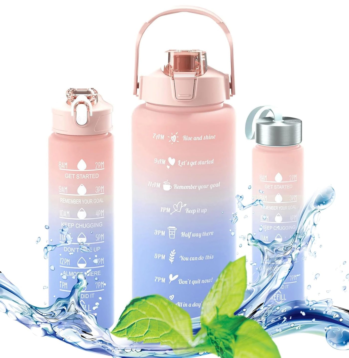 Set of 3 Water Bottle with Straw 2Litre+900ml+280ml (Pink/Blue)