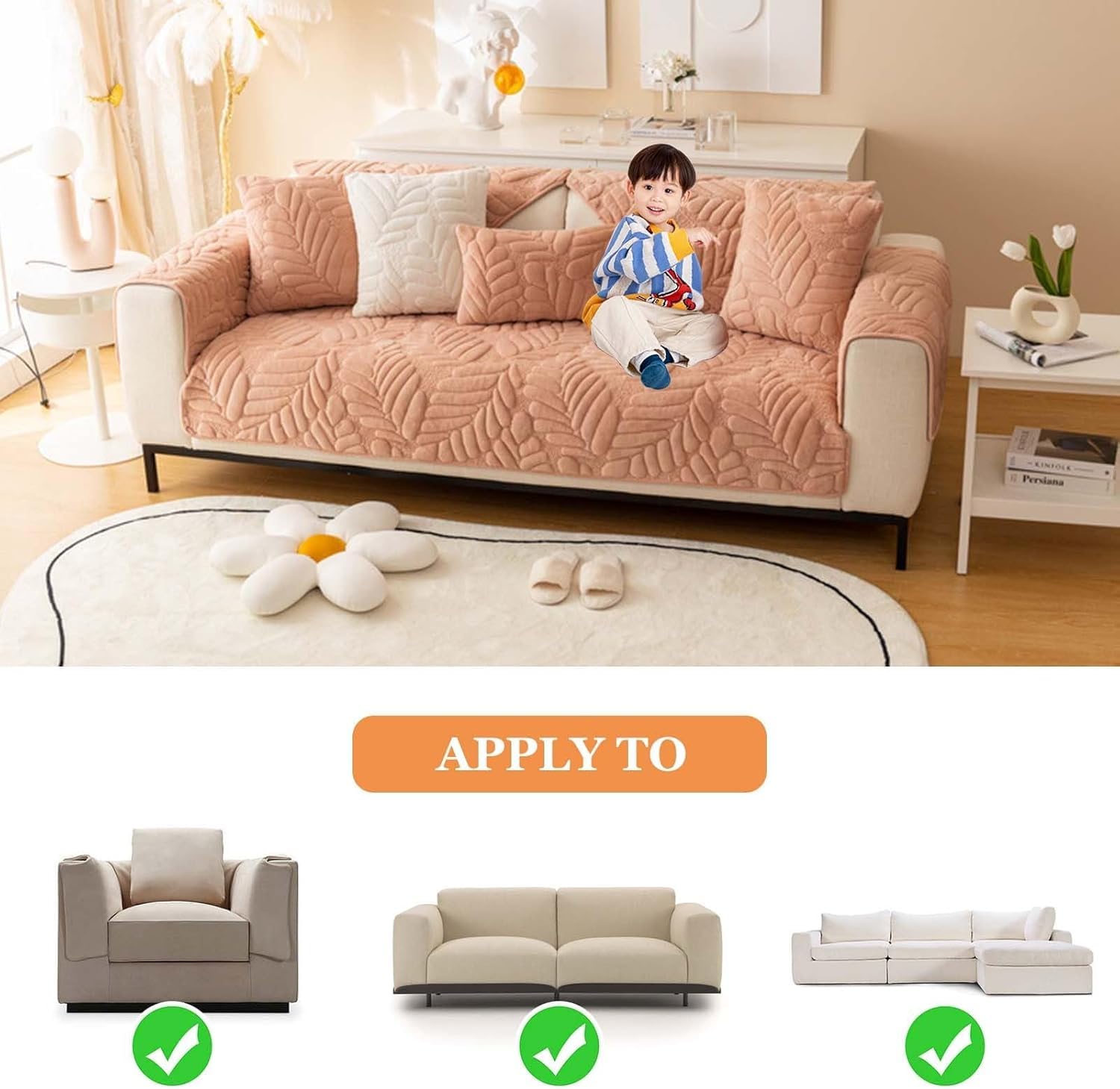 Sofa Cover Mat Leaf Coral Fleece Chenille Fabric Seater Sofa (Peach)