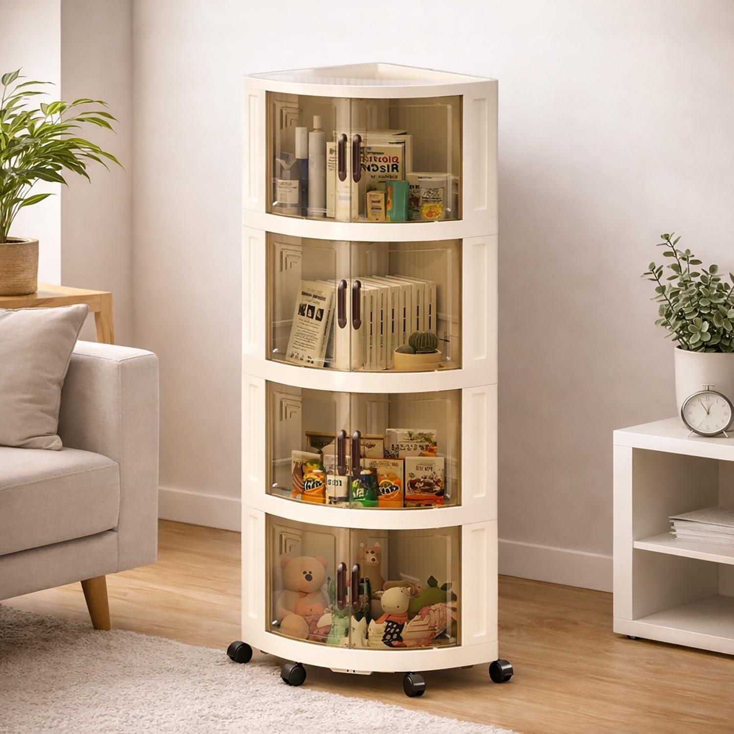 Foldable Triangular Storage Cabinet with Wheels (Cream)