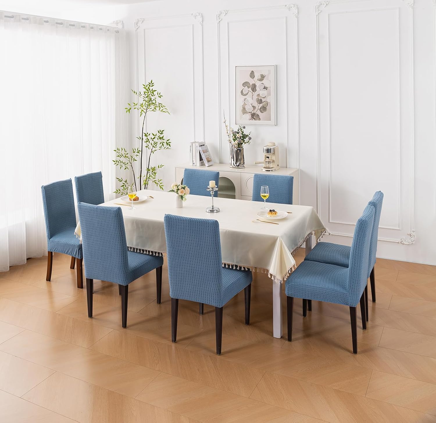 Decorative Dining Chair Cover – 220 GSM Stretch Jacquard Fabric (Light Blue)