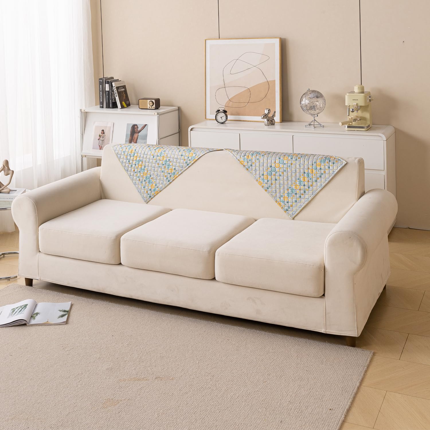 Printed Sofa Cover for Indian Sofa Set Quilted, Washable & Durable (Grey Garland)