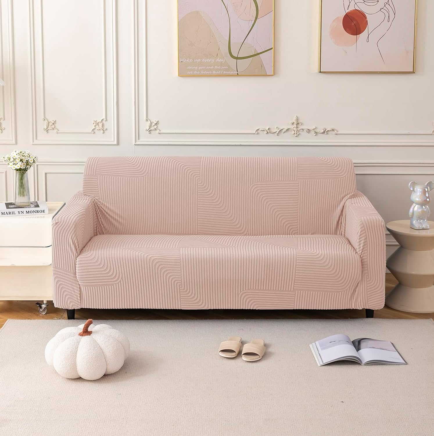 Universal Jacquard 3+2 Seater Thickened Fabric Sofa Cover (Pink)