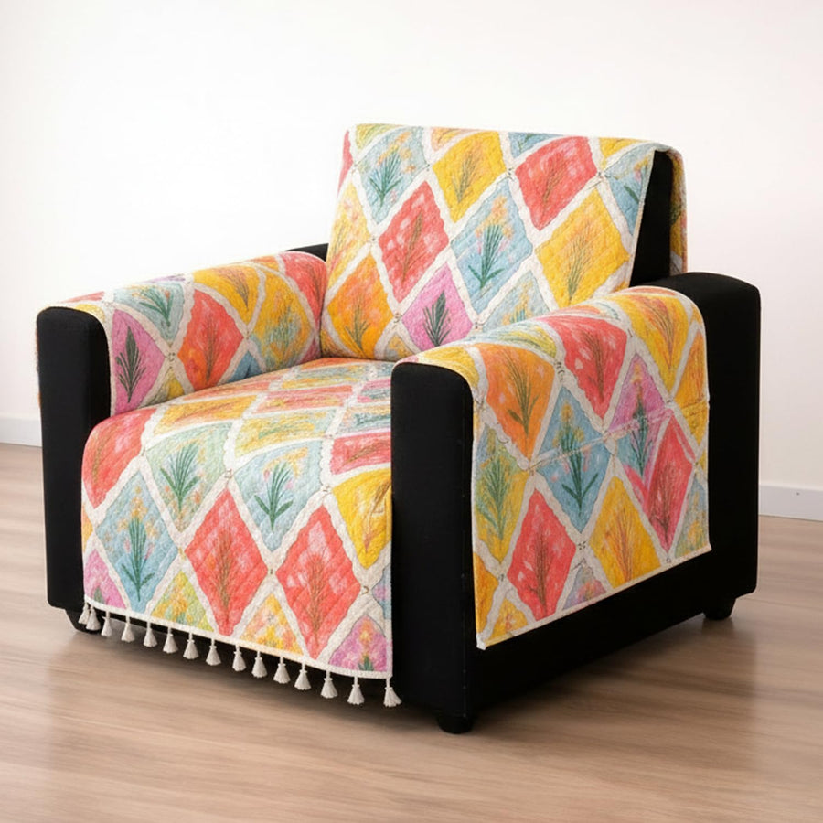 IKATRA Series Quilted Printed Sofa Cover for Indian Sofa Set with Side Pocket (Spring Blossom)