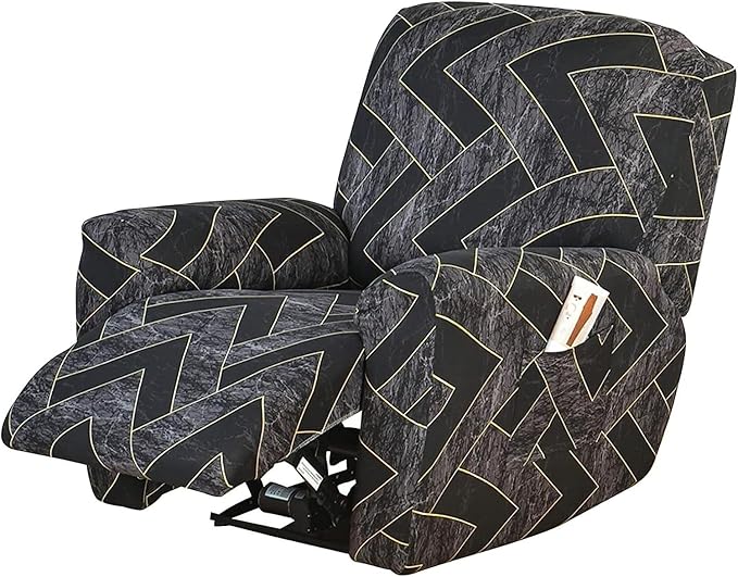 Recliner Slipcover 4 Pieces Chair Covers with Side Pocket Black Trellis